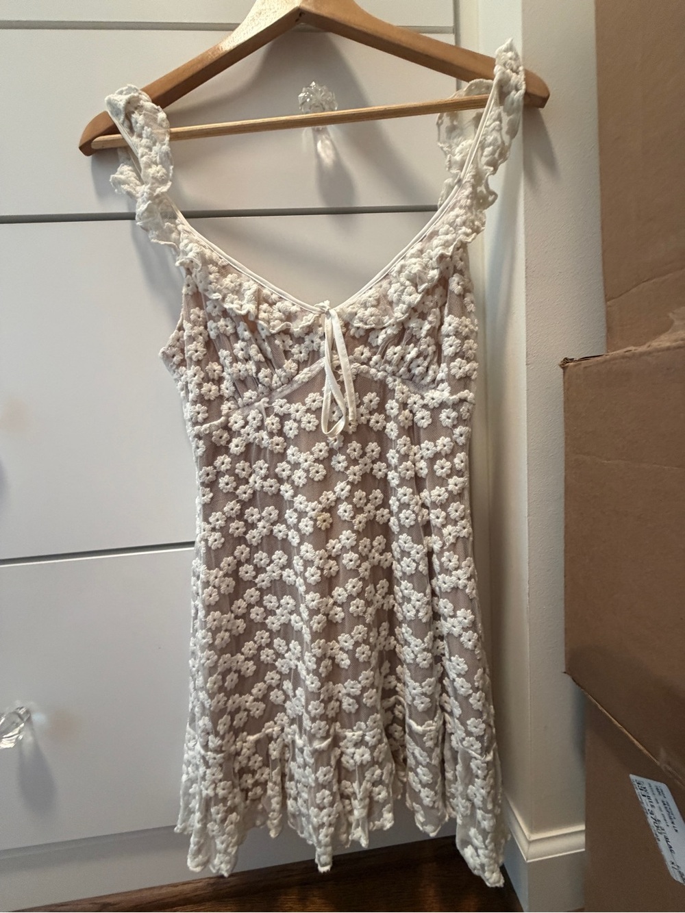 MAJORELLE White Crochet Floral Tie-Front Mini Dress